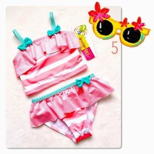 NEW Penelope Mack Girl's 2-Piece Pink & White Striped Swimsuit Size 5